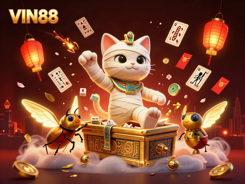 Clever Egyptian mummy cat bursts from a sarcophagus in the vibrant VIN88 casino, interacting with glowing symbols and rich game elements.