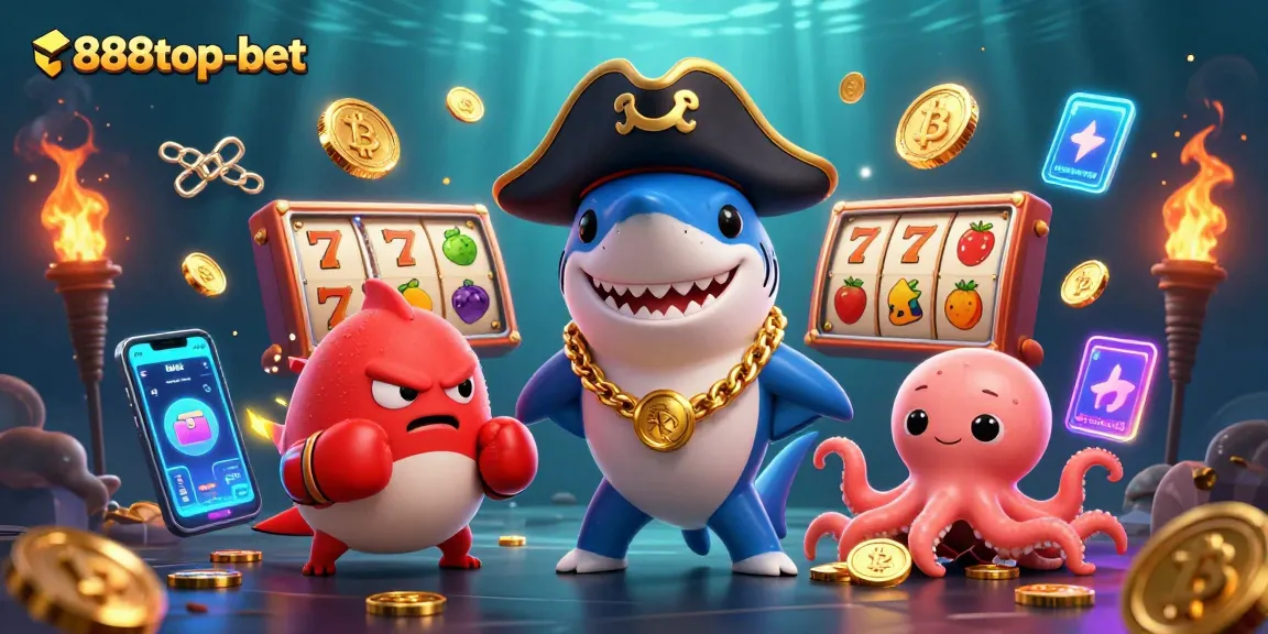 Join the action at 888top-bet with a lively scene featuring a pirate shark, pufferfish, and an octopus surrounded by vibrant casino elements!