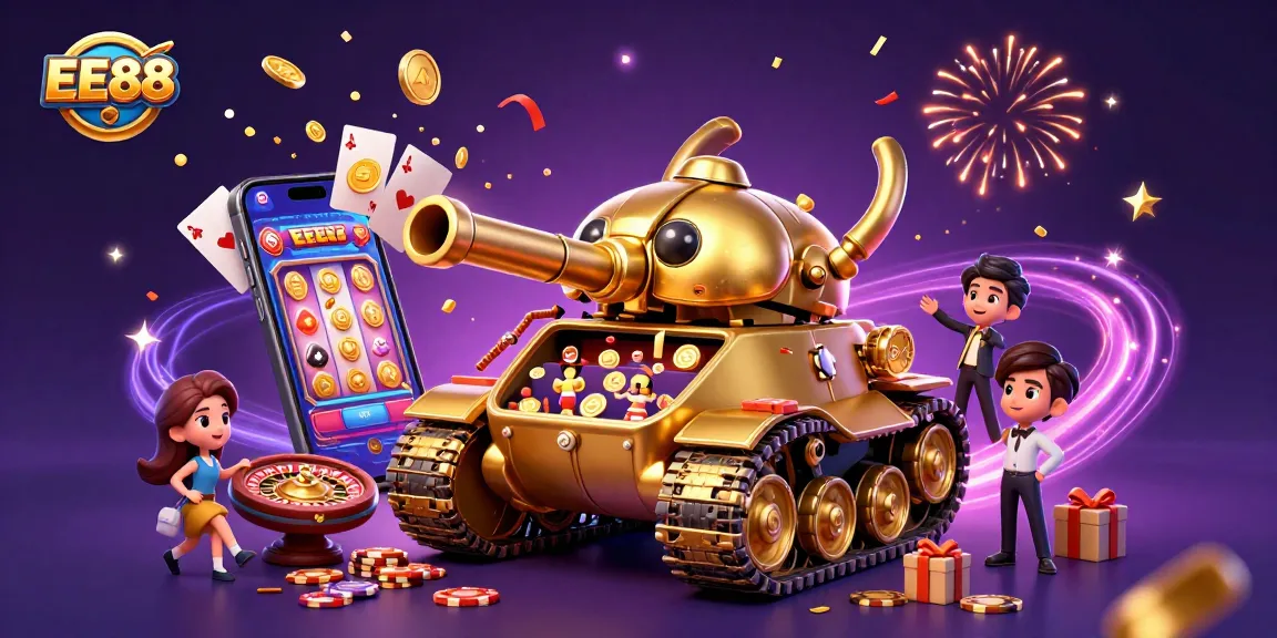 Experience the thrilling casino vibes of EE88 in a vibrant, animated scene filled with games and excitement.