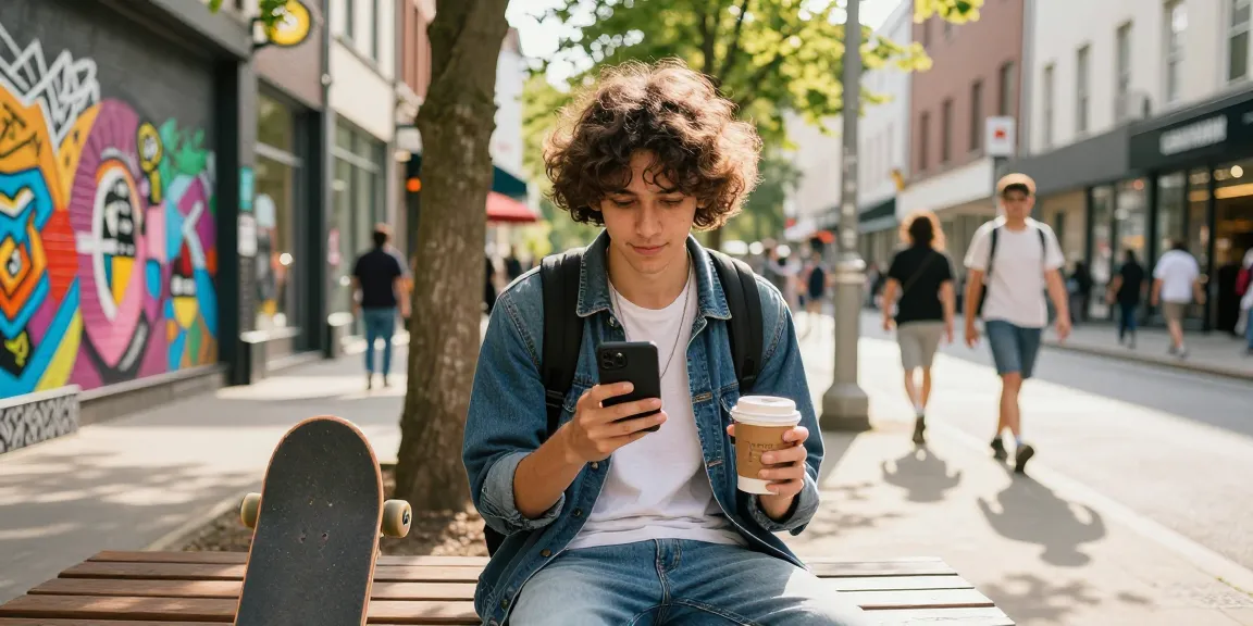 Instagram Likes kaufen in einer urbanen Szene mit einer jungen Person, die ihr Smartphone überprüft.