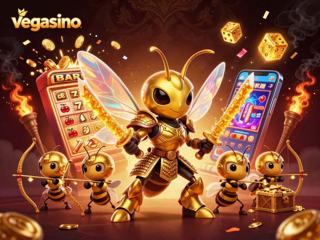 Experience the excitement of vegasino with vibrant scenes of golden samurai hornets amidst casino games.
