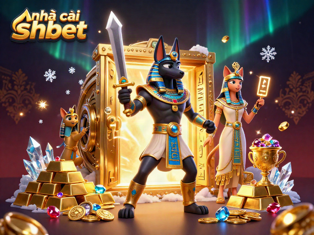 Engage with nhà cái shbet as ancient warriors Anubis and Bastet guard treasures in this immersive 3D casino scene.