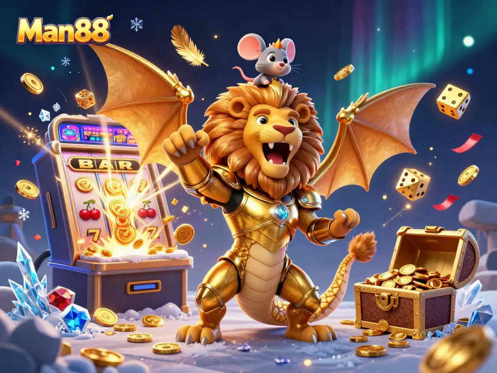 Man88 showcases a vibrant casino scene with a chimera and jackpot elements amidst a rich festive background.