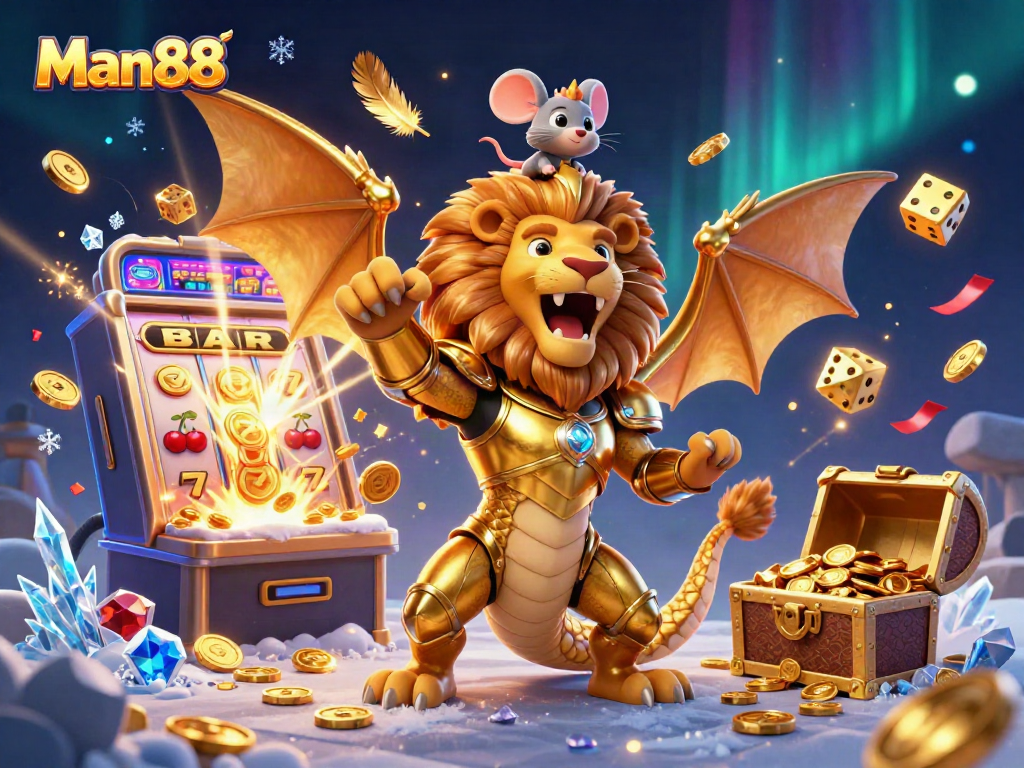 Man88 showcases a vibrant casino scene with a chimera and jackpot elements amidst a rich festive background.