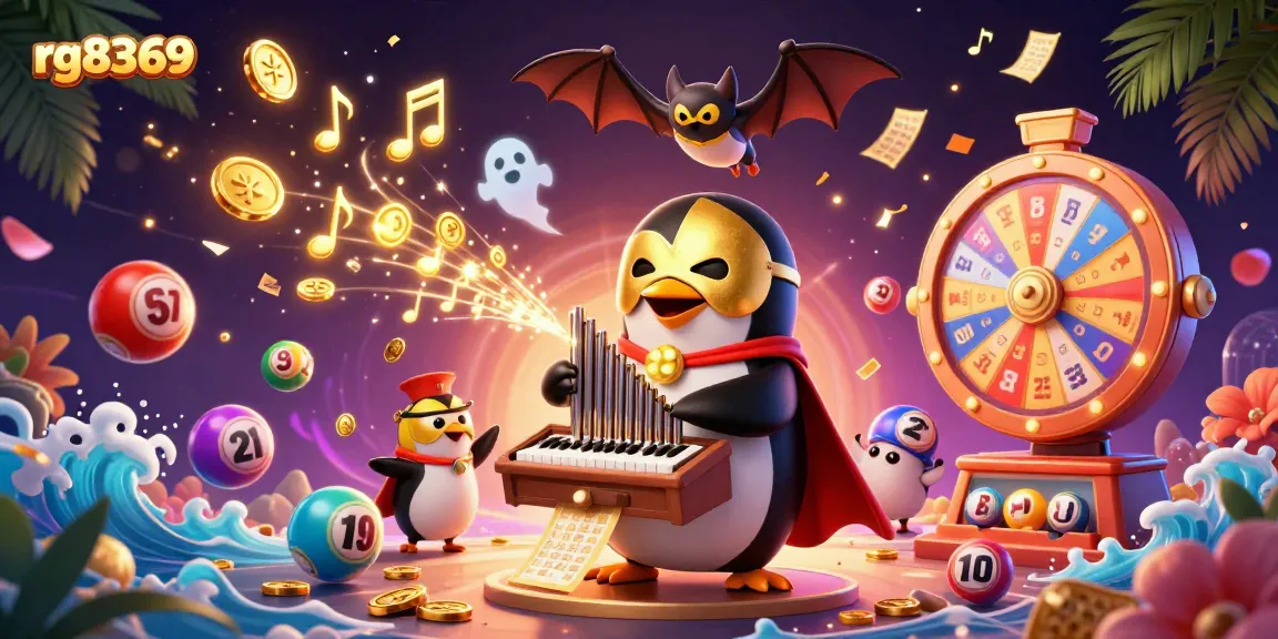 Experience rg8369's vibrant gaming scene with a 3D penguin playing a golden organ surrounded by lottery elements.