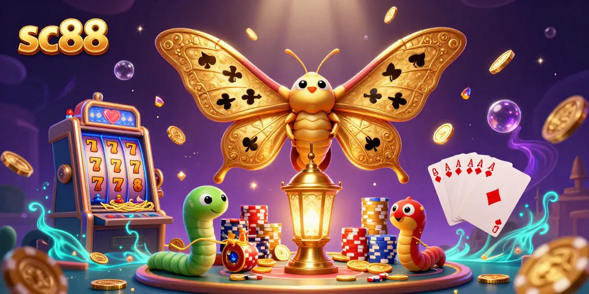Experience gameplay excitement with sc88 featuring a vibrant 3D illustration of a majestic atlas moth amidst slots and poker elements.