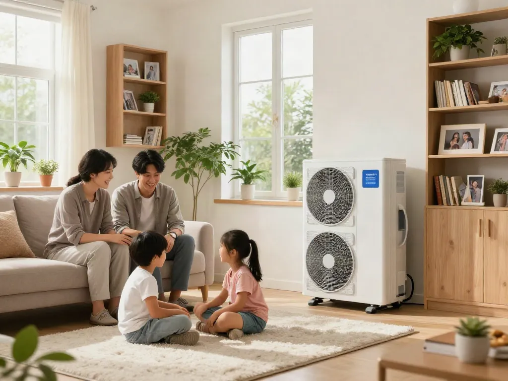 Die Wärmepumpen sorgen für gemütliche Wärme in einem modernen Wohnzimmer mit glücklicher Familie.
