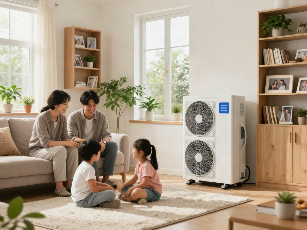 Die Wärmepumpen sorgen für gemütliche Wärme in einem modernen Wohnzimmer mit glücklicher Familie.