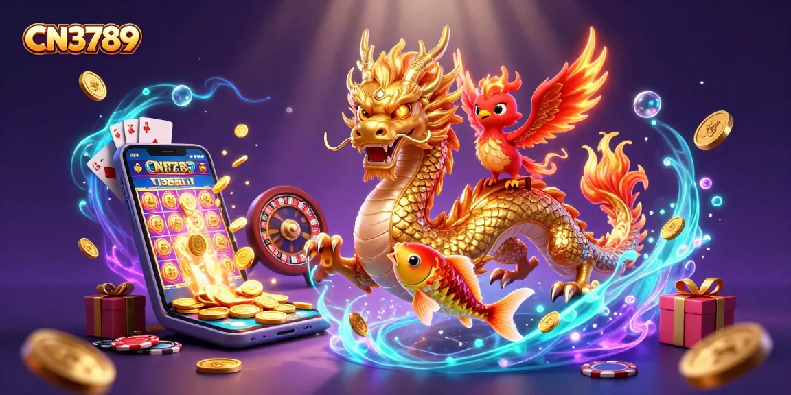 Win big at CN3789 casino with an enchanting scene of a golden dragon and vibrant gaming elements