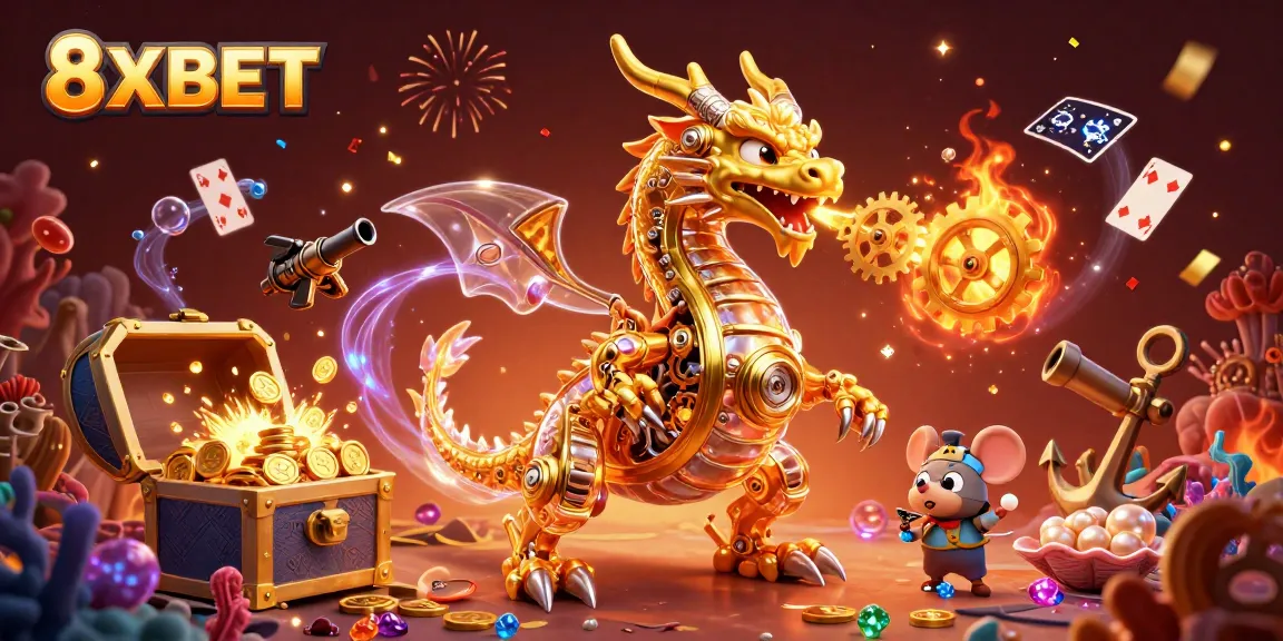 Experience the excitement of 8XBET with dynamic 3D illustration showcasing gaming action and wins.