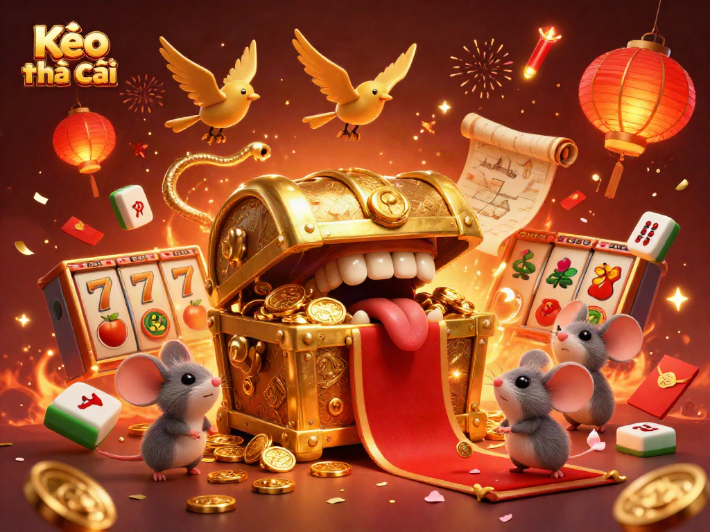 Kèo nhà cái showcases a vibrant 3D casino scene with dynamic slot reels and a treasure chest, enticing players.
