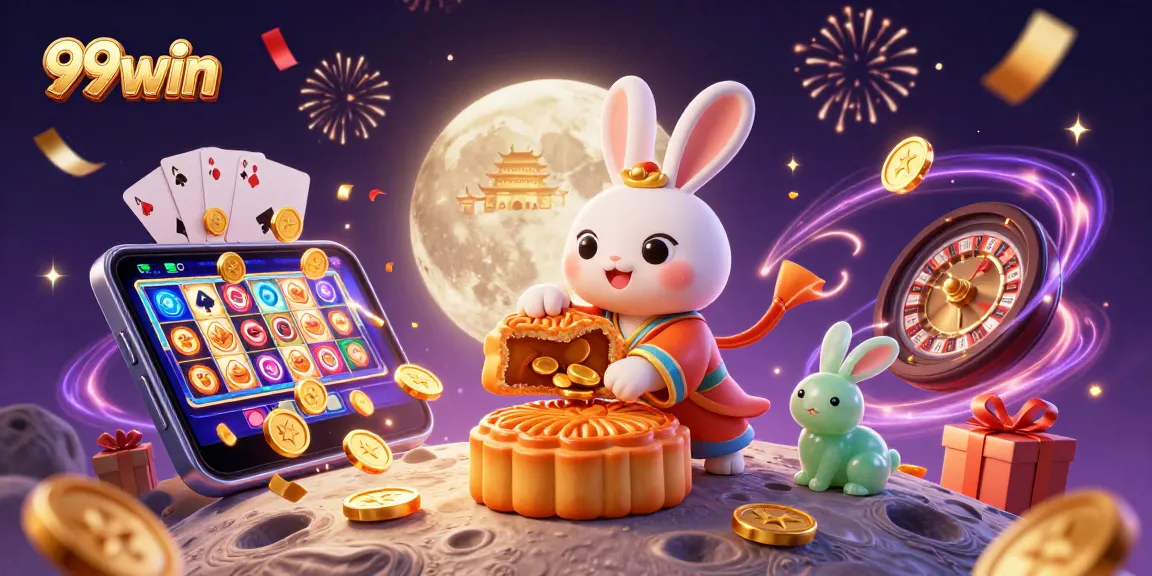 Experience the excitement of 99win with a captivating scene of a moon rabbit unlocking treasures on the lunar surface.