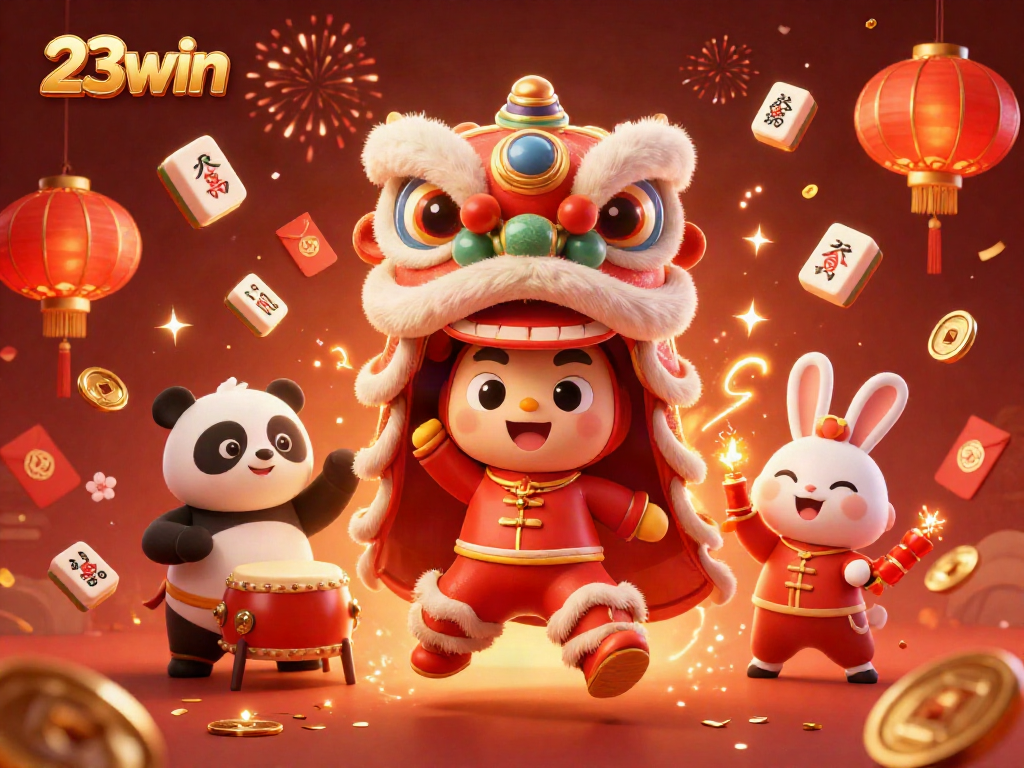 Experience the thrilling atmosphere of 23win with lively characters celebrating a vibrant casino-themed festival.