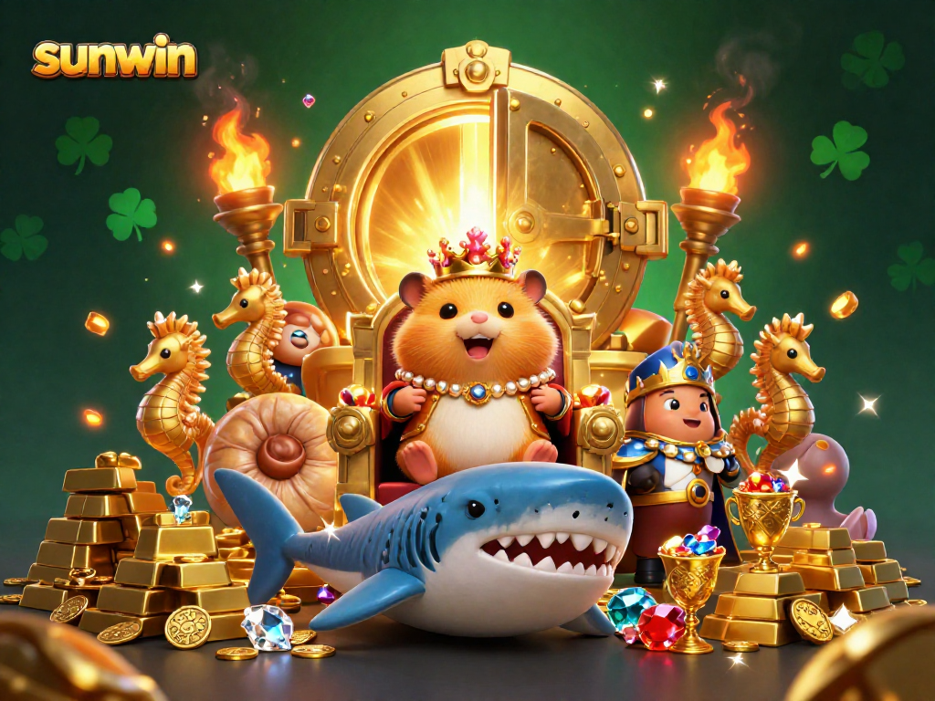 Engage with sunwin's vibrant 3D gambling scene featuring the hamster king and treasure.