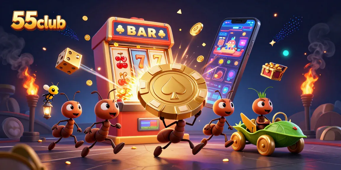 Engage with thrilling 55club casino action featuring ants on a heist among vibrant game elements.