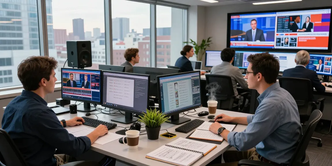 Newsbochum journalist in a bustling newsroom covering breaking news.