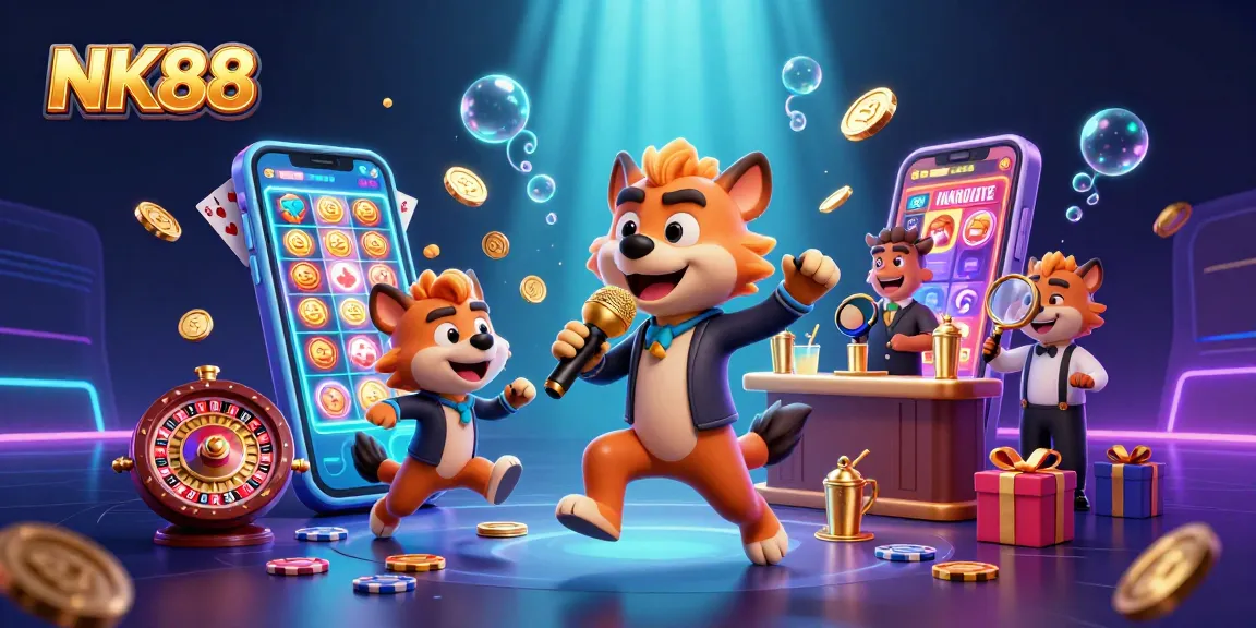 Join the fun at NK88 with colorful slot games and hyenas in a bustling casino