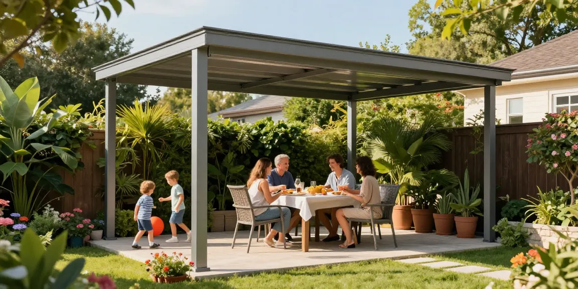 Moderne Terrassenüberdachung in einem Garten mit einer Familie, die ein Essen genießt