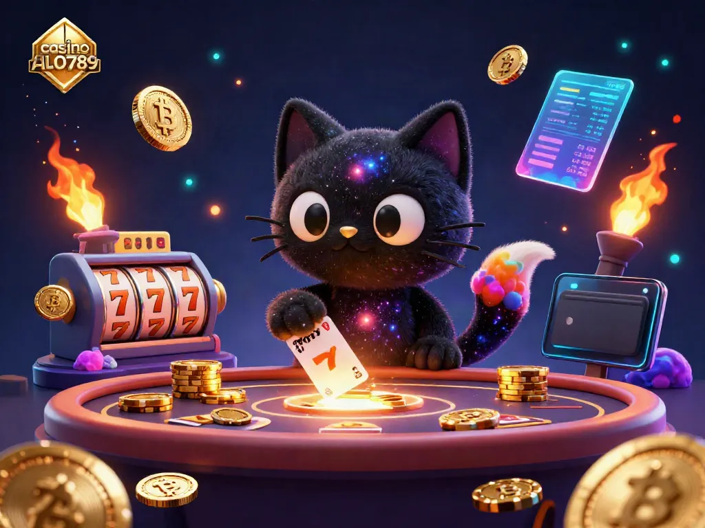 Experience the thrilling atmosphere of casino ALO789 with a captivating black hole cat and colorful gas fox amidst vibrant slots and crypto symbols.