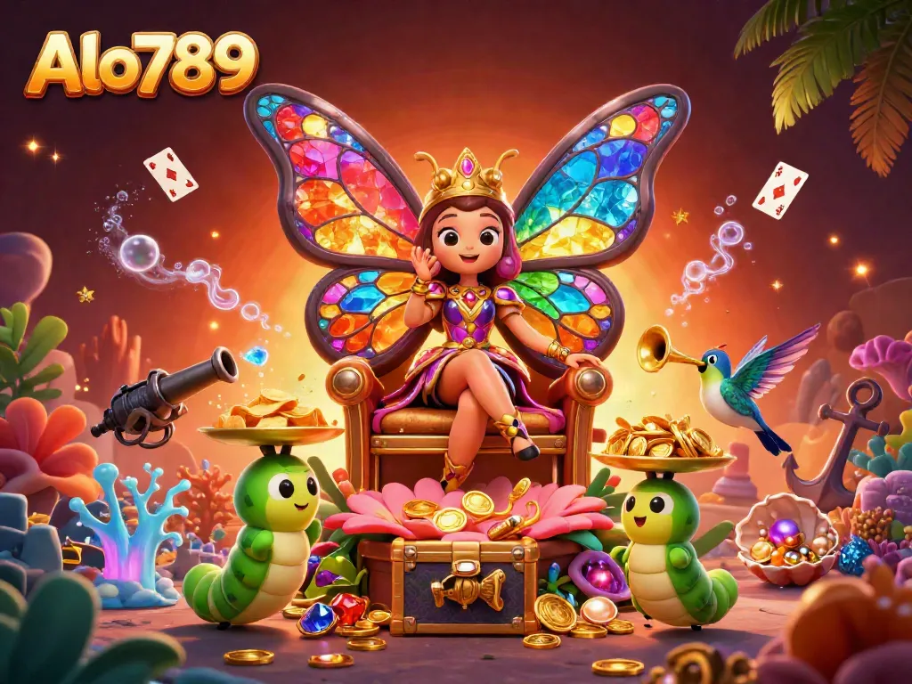 Alo789 engages players with a vibrant illustration of a butterfly queen and treasure-rich casino elements.