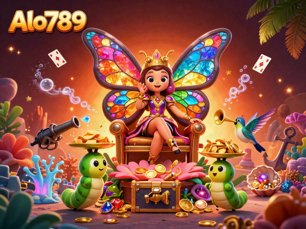 Alo789 engages players with a vibrant illustration of a butterfly queen and treasure-rich casino elements.