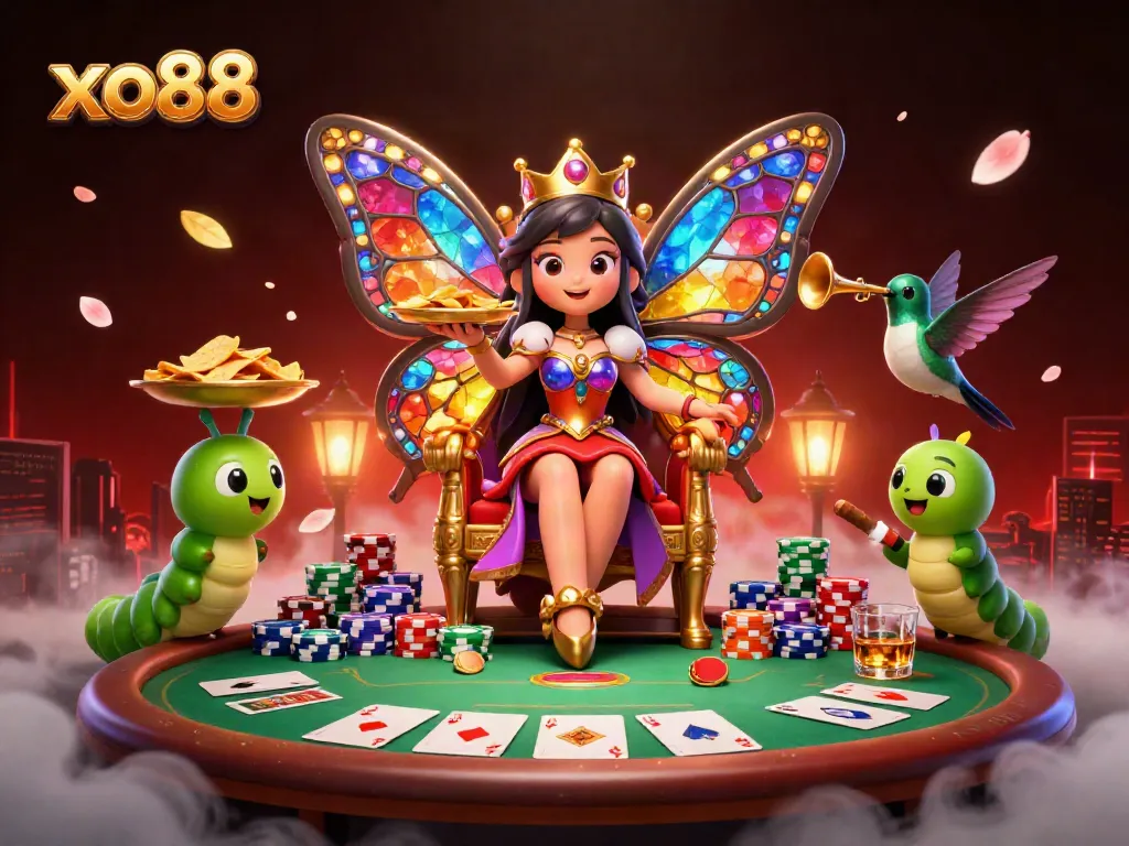 Engage in the vibrant atmosphere of xo88 with a butterfly queen, poker elements, and lively casino ambiance.