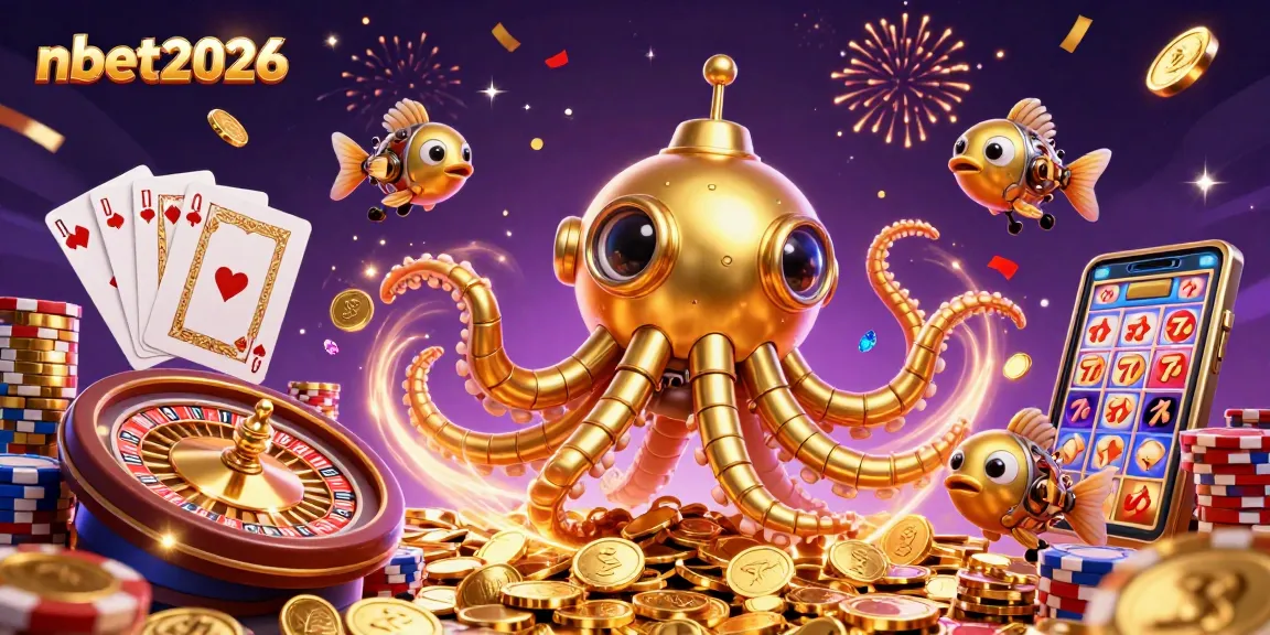 Engage in thrilling casino action with nbet2026 featuring a golden kraken amidst treasures and game elements.