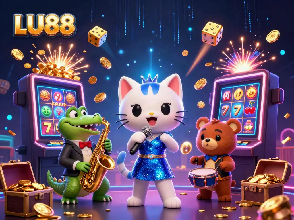 Experience the excitement of LU88 with a jazzy cat singer, dazzling slot machine, and vibrant casino atmosphere.