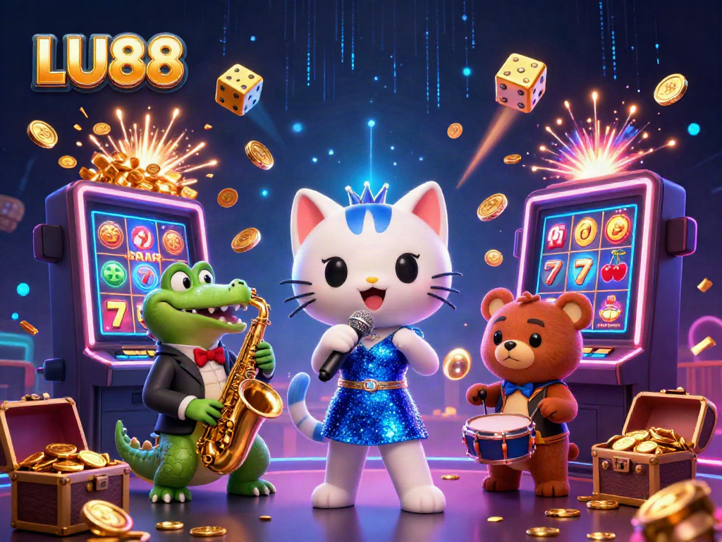 Experience the excitement of LU88 with a jazzy cat singer, dazzling slot machine, and vibrant casino atmosphere.