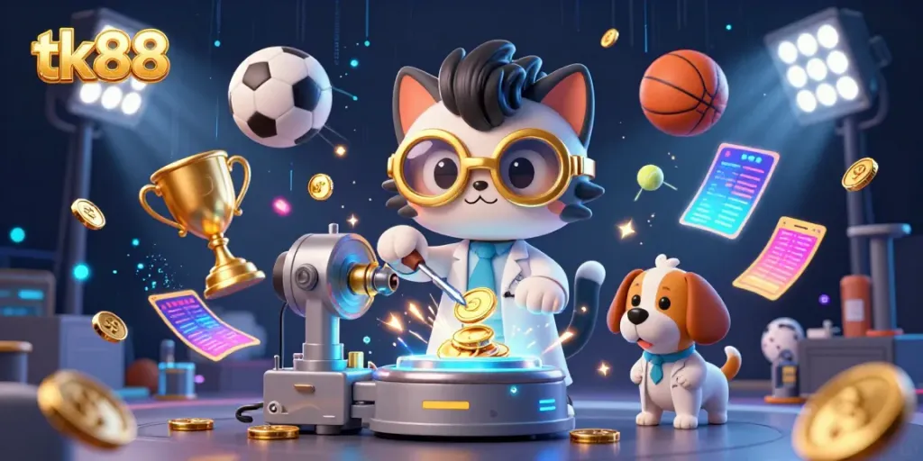 Engage with the vibrant tk88 casino scene filled with a mad scientist cat and sports balls, showcasing exciting betting action.