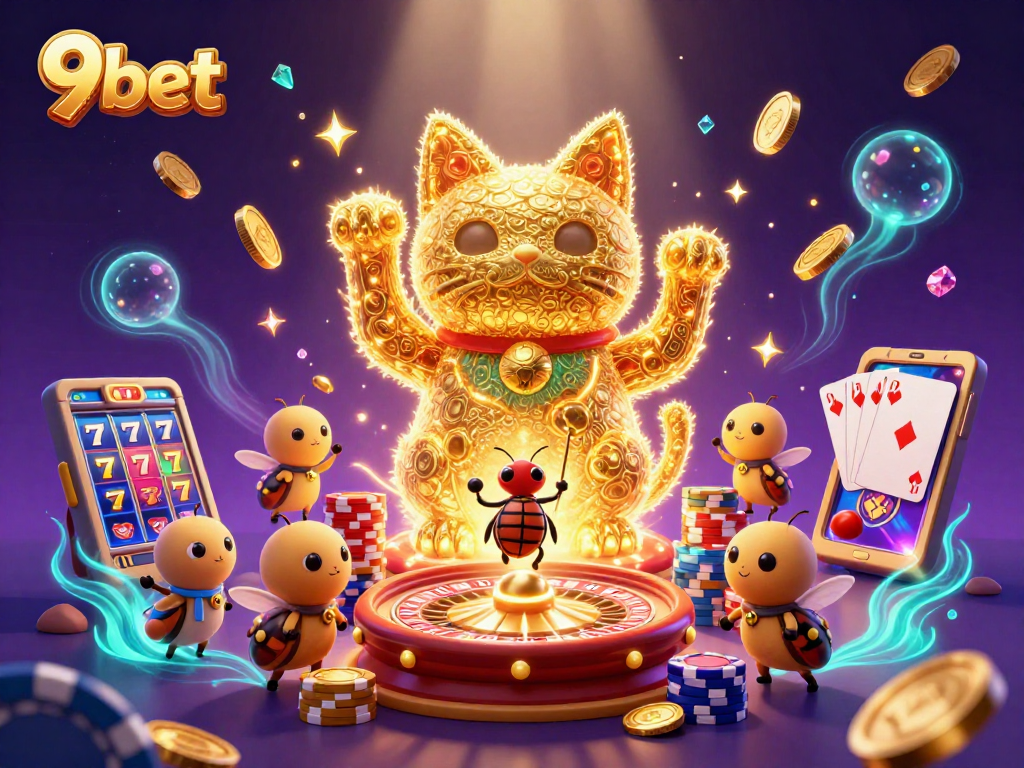Experience thrilling wins with 9bet showcasing 3D lucky cat and casino symbols in vibrant action.