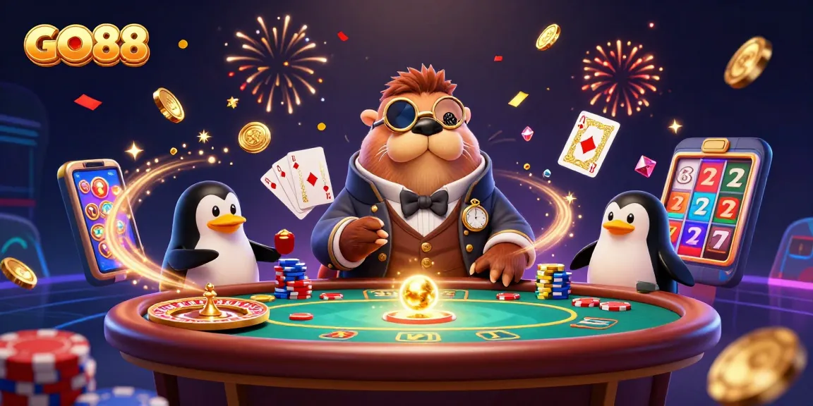Experience fun with GO88 at an underwater poker table in this vibrant casino illustration.