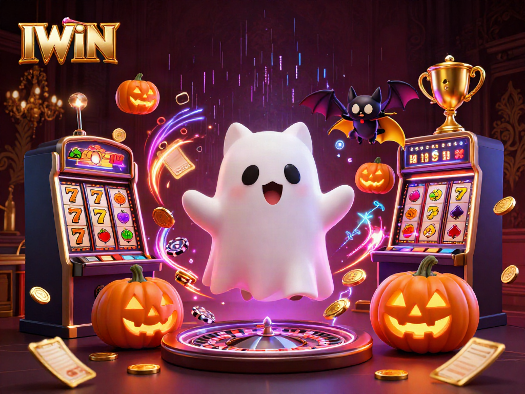 IWIN casino ghost cat playing slots amid vibrant Halloween elements