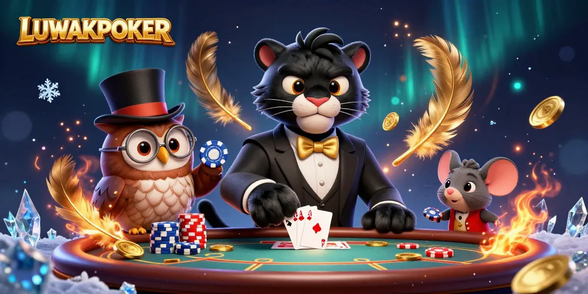 LUWAKPOKER features a stylish black panther dealing cards with an owl and lucky mouse, surrounded by poker elements.