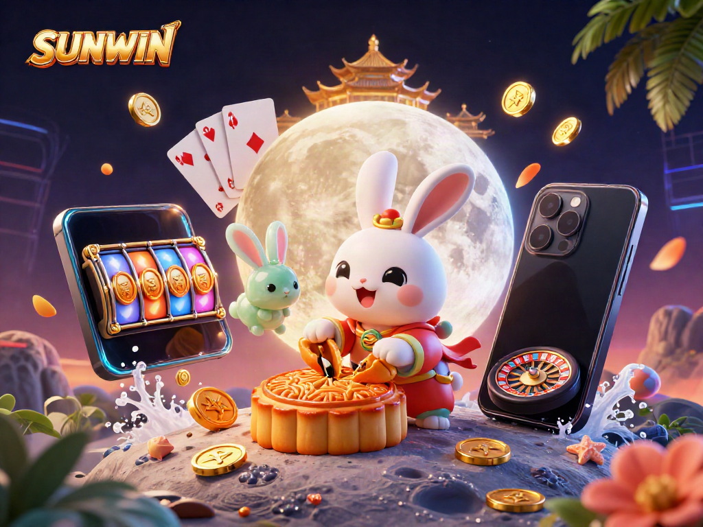 SUNWIN features a vibrant 3D scene with a moon rabbit and gambling elements celebrating online gaming.