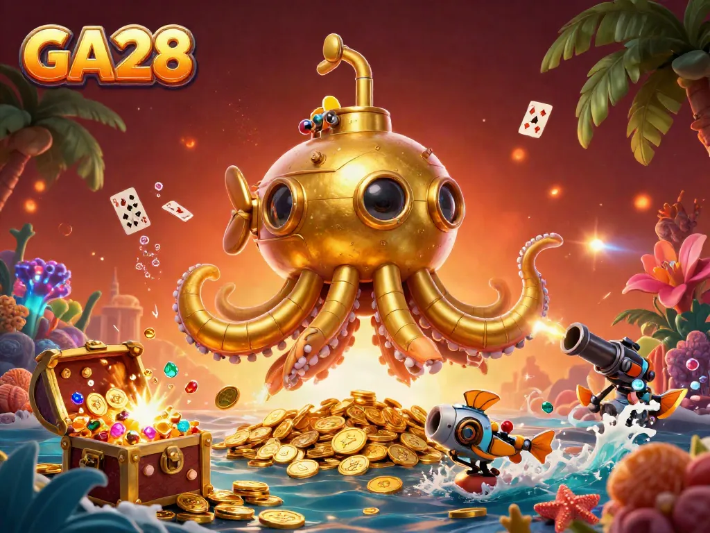 Experience the thrill of GA28 with a vibrant underwater casino scene showcasing golden treasures and animated game elements.