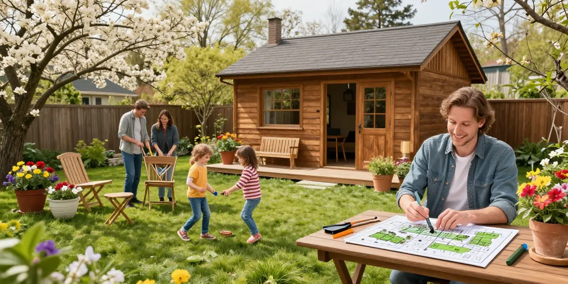 Wunderschönes Gartenhaus Holz im blühenden Garten mit glücklicher Familie beim Zusammenstellen von Gartenmöbeln.