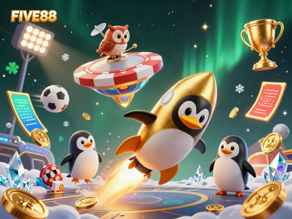 Experience the excitement of FIVE88 with our dynamic casino-themed 3D illustration filled with action and winning elements.