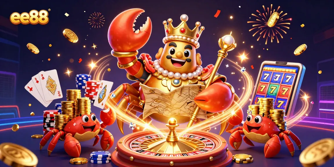 Experience thrilling gaming at ee88 with a golden crab emperor, vibrant casino elements, and action-packed atmosphere.