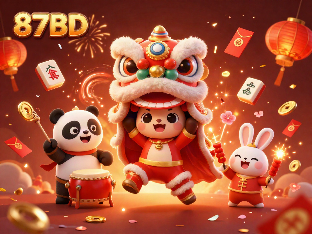 Engage with 87BD's vibrant lion dance scene showcasing rich casino elements and festive visuals.