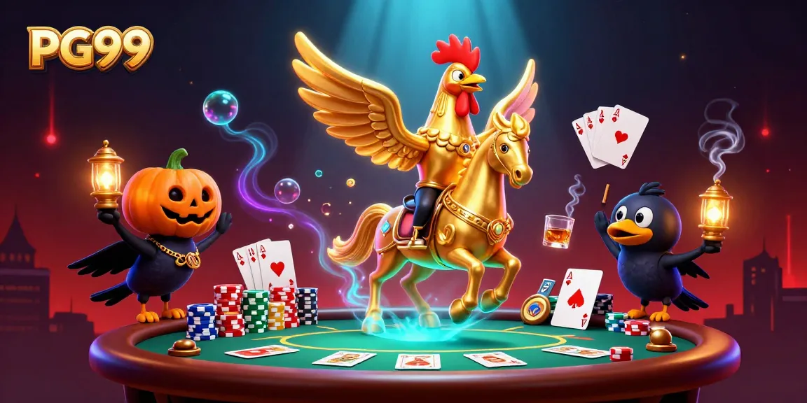 Engage in thrilling gameplay at PG99 with a vibrant 3D casino scene featuring dynamic card and chip action.