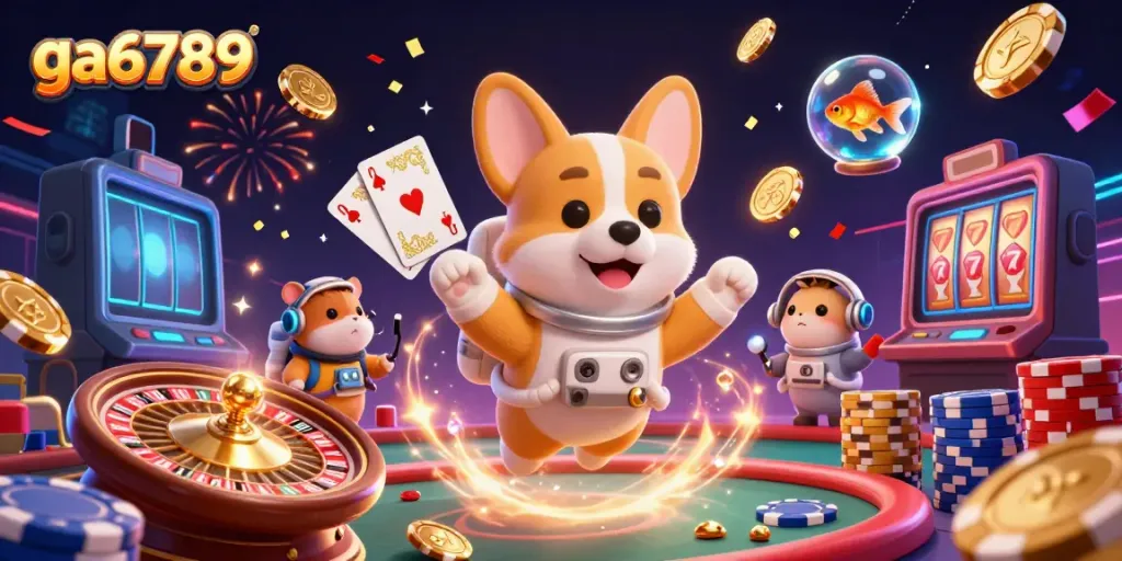Experience thrilling gameplay at ga6789 with colorful poker chips, confetti, and a vibrant casino atmosphere.
