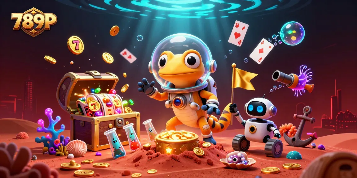 Experience the thrills of 789P with a cartoon Martian discovering a golden casino among vibrant game elements.