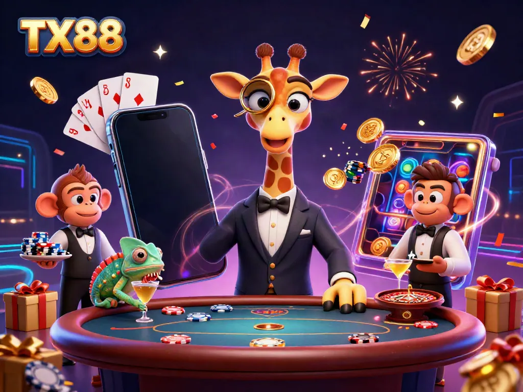 Experience the vibrant world of TX88 with a high-roller giraffe and lively casino elements.
