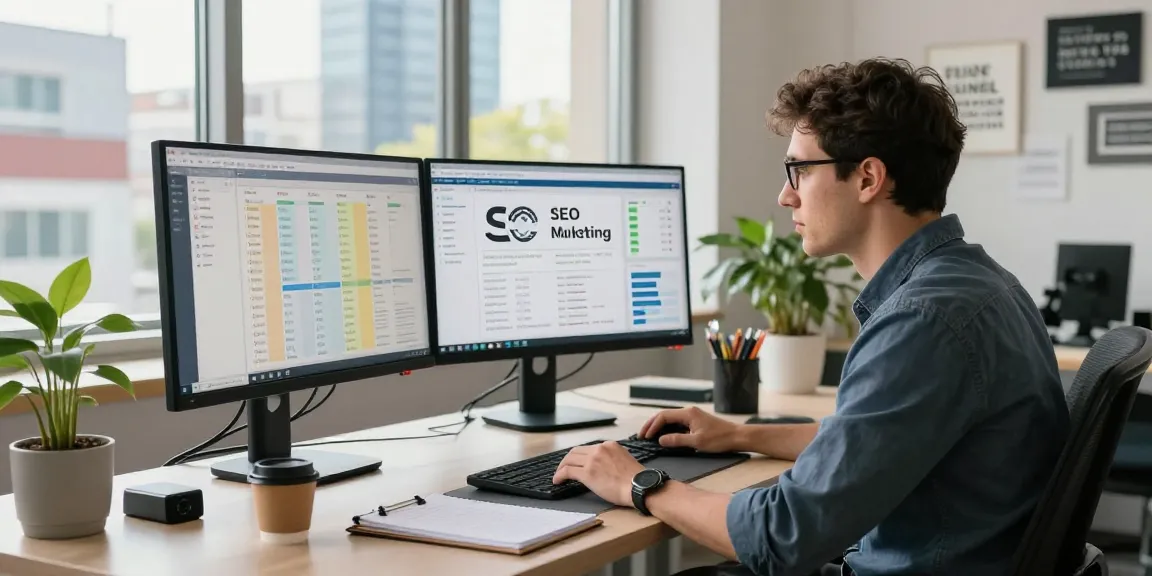 SEO Unterstützung Strategie-Session in modernem Arbeitsplatz mit Analysedashboards
