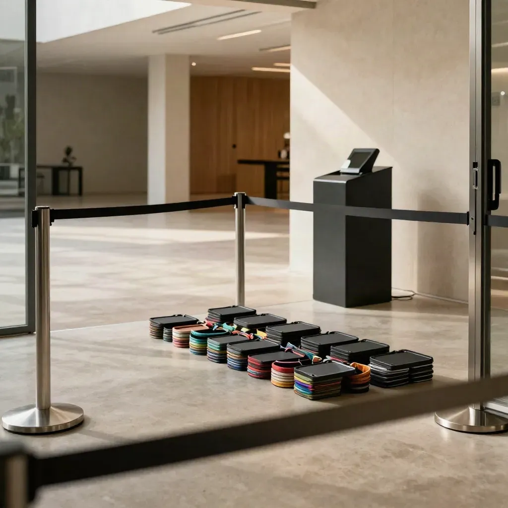 Vorbereiteter Check-in-Eingang mit Armbändern, Badge-Trays und Absperrpfosten im hellen Foyer.