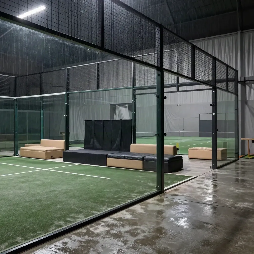 Leere Premium-Padel-Summit-Zone mit Court, Bühne und Einlassportal im Morgennebel.