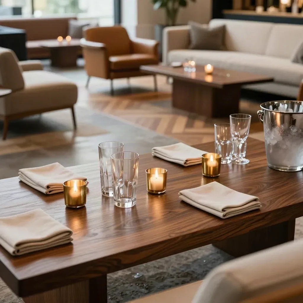 Networking-Lounge im Eventfoyer mit Cocktailtischen, Gläsern und Kerzenlicht.