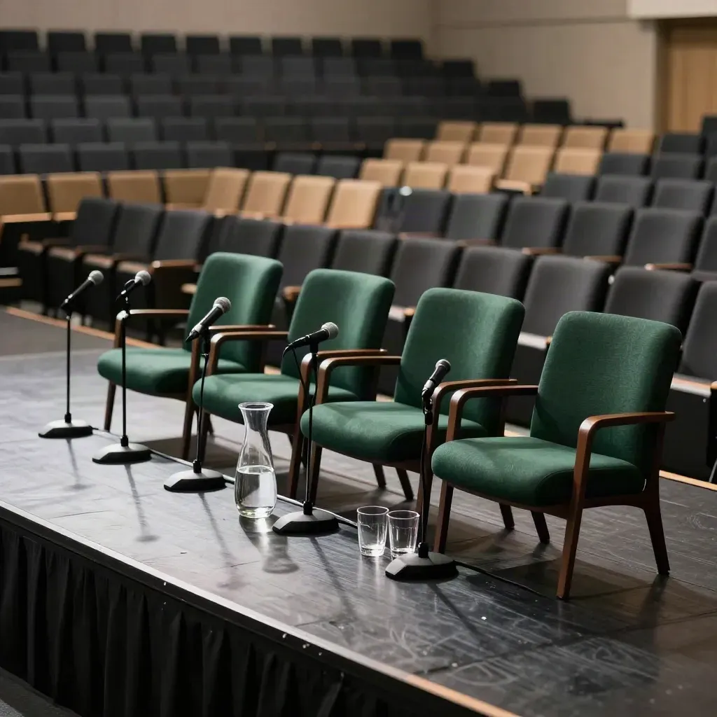 Leere Panelbühne mit vier Stühlen, vier Mikrofonen und Reihen eines Saals im Licht.