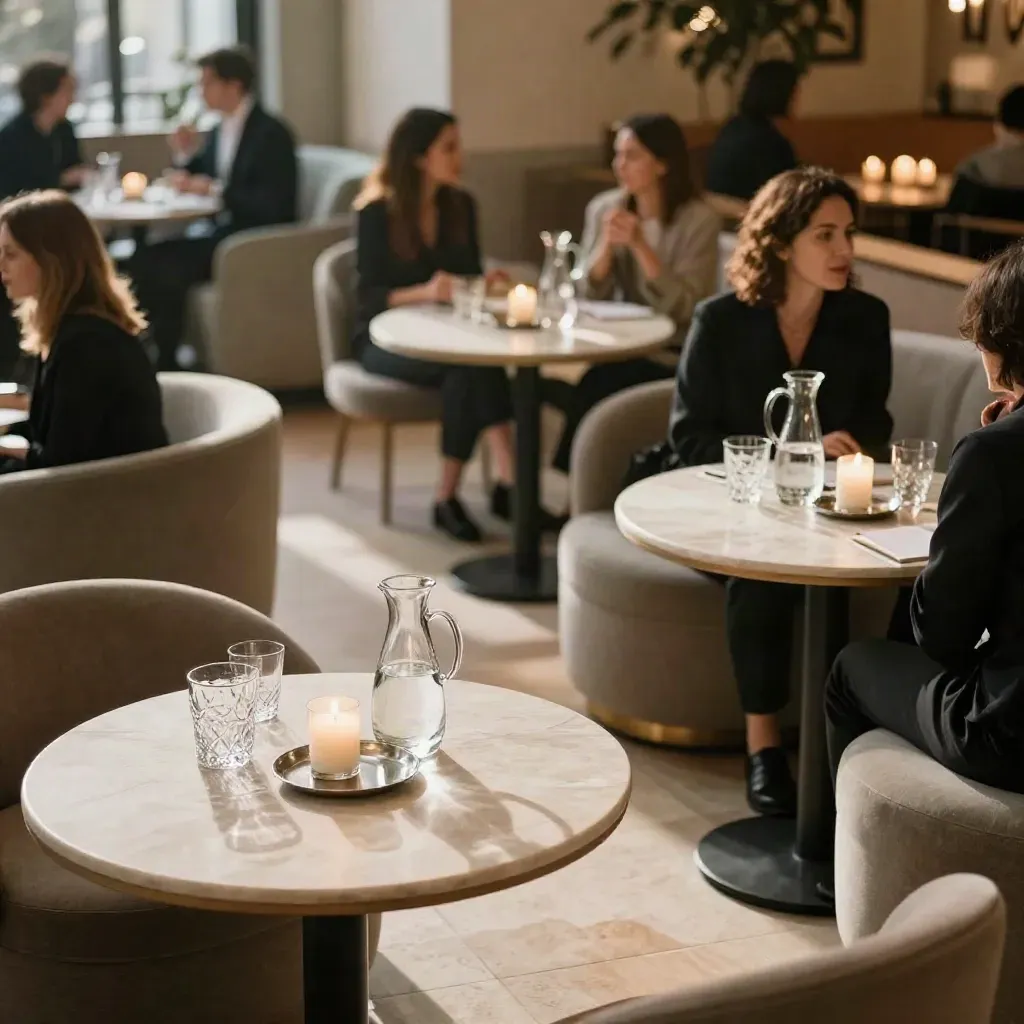 Heller Networking-Abend mit gedeckten Tischen, Gläsern und Kerzen in einer Lounge.
